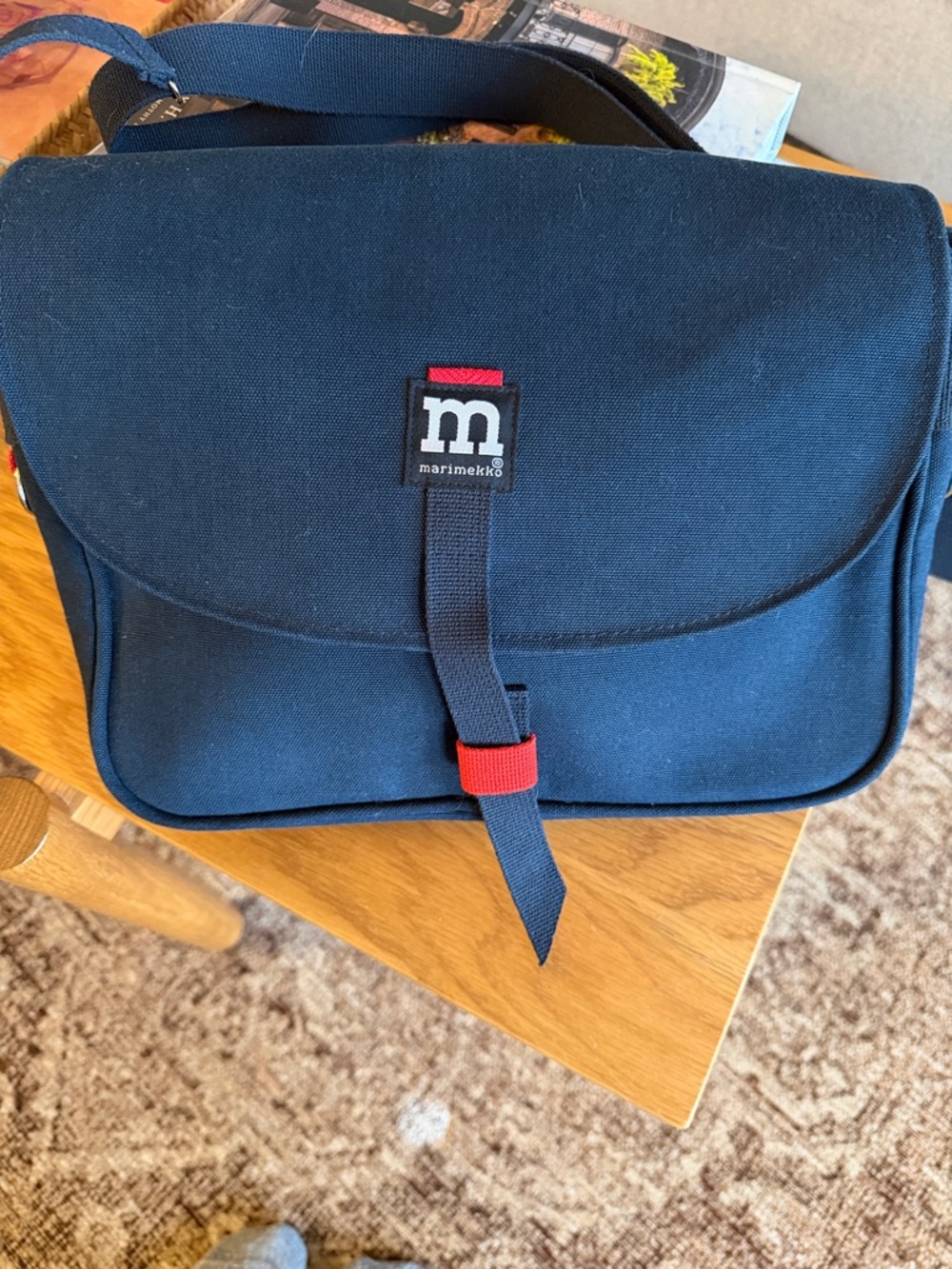 Marimekko Navy Messenger Bag with Red Accent Strap